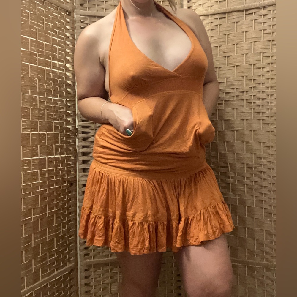 Rust Orange Halter Ruffle Hem Dress